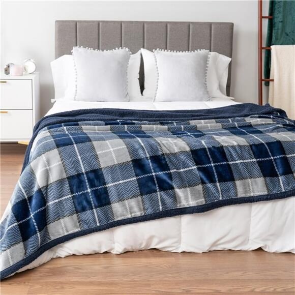 Blue Navy Plaid Sherpa Throw Blanket for Couch Twin, Plush Flannel - Picture 2 of 8